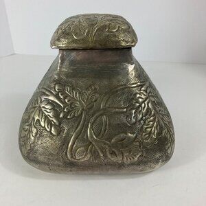 Ornate Indian Handtooled White Brass Flat Top Triangular Pot Lid Made in India 6